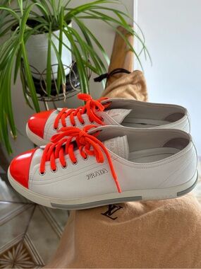 Prada White Leather Low-Top Sneakers with Bright Orange Laces